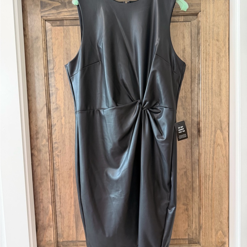 Express Black Faux Leather Midi Dress with Twist Detail